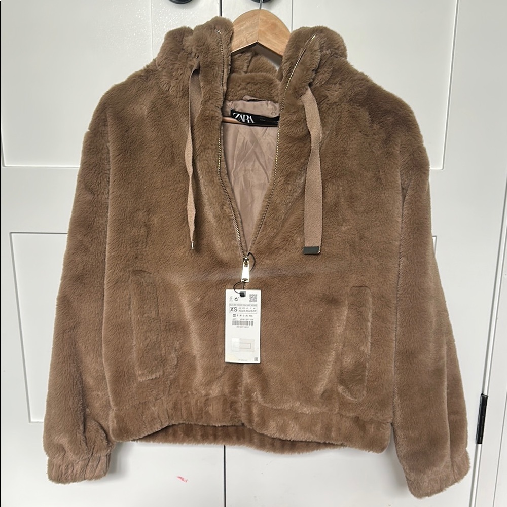 Zara Tan Faux Fur Bomber Jacket - NWT, XS